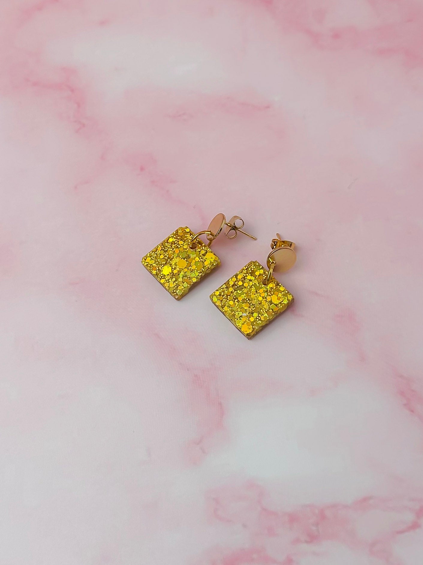 Orange Squares - orange glitter Resin Earrings