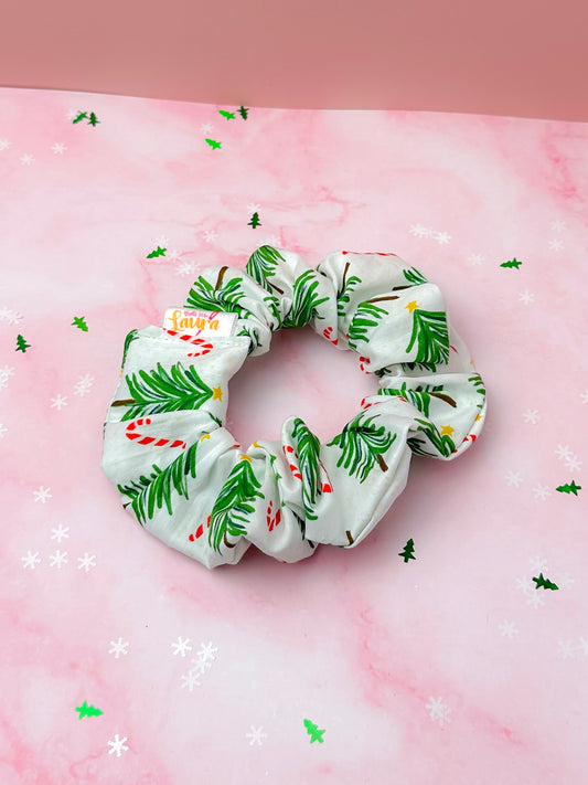 Classic Christmas- Cotton Christmas tree and candy cane themed Christmas classic scrunchie