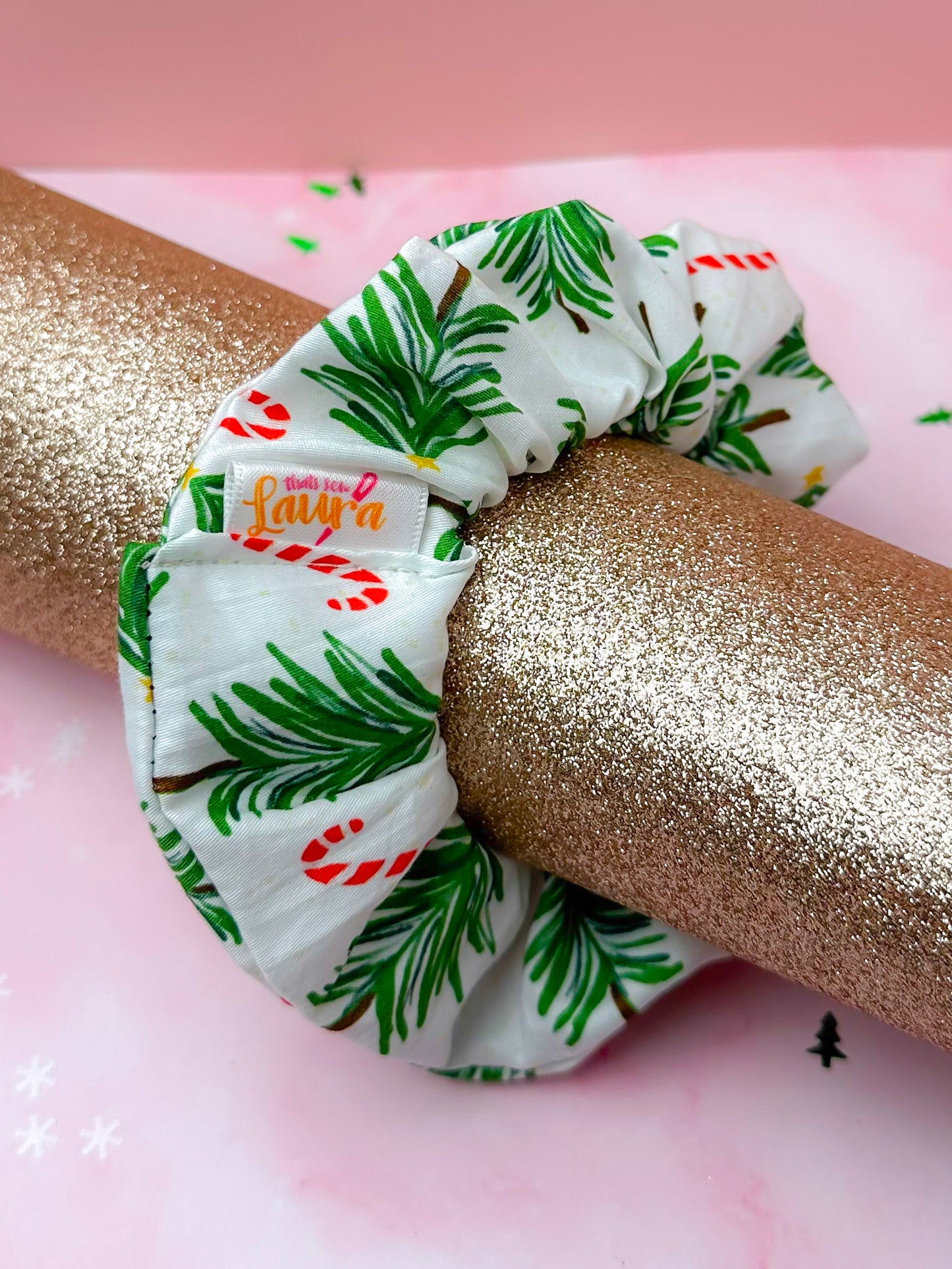 Classic Christmas- Cotton Christmas tree and candy cane themed Christmas classic scrunchie