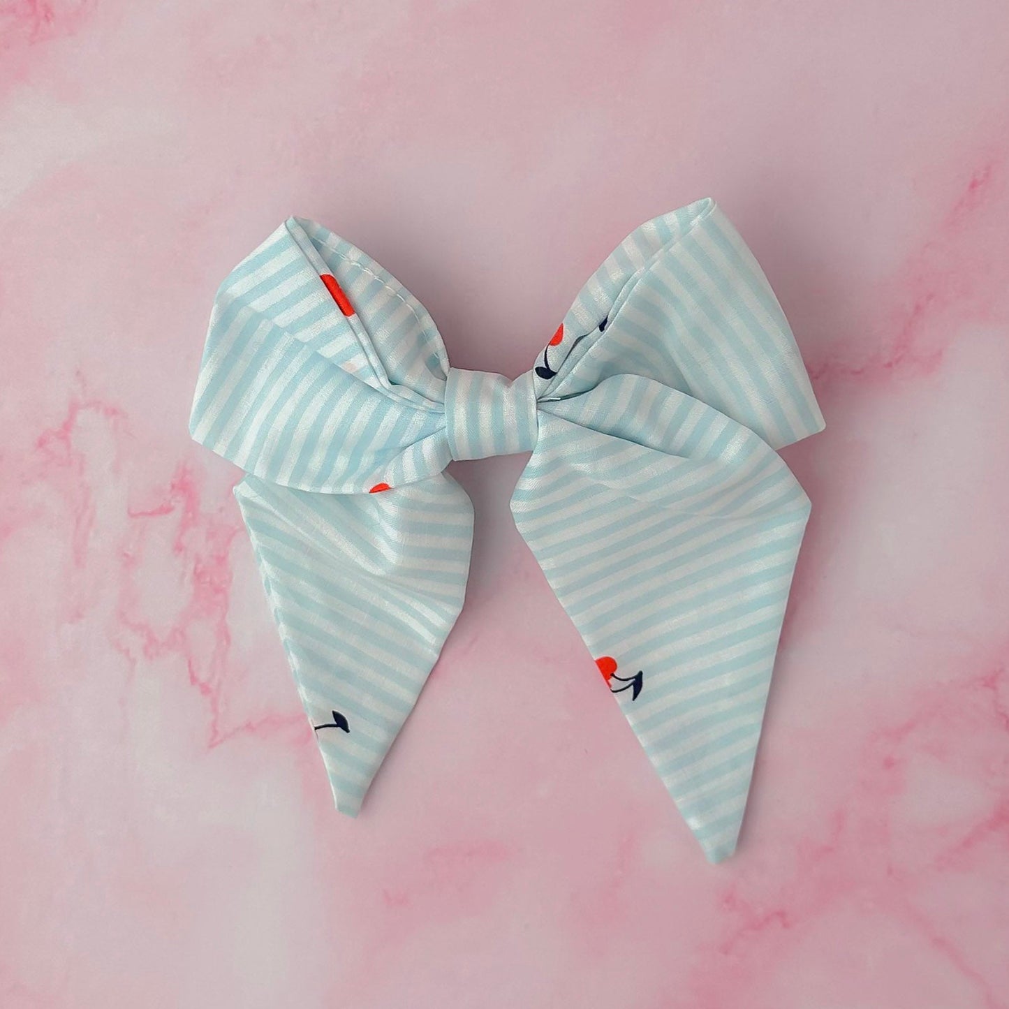 Cherrie - Blue and white striped cherry print classic Hair Bow