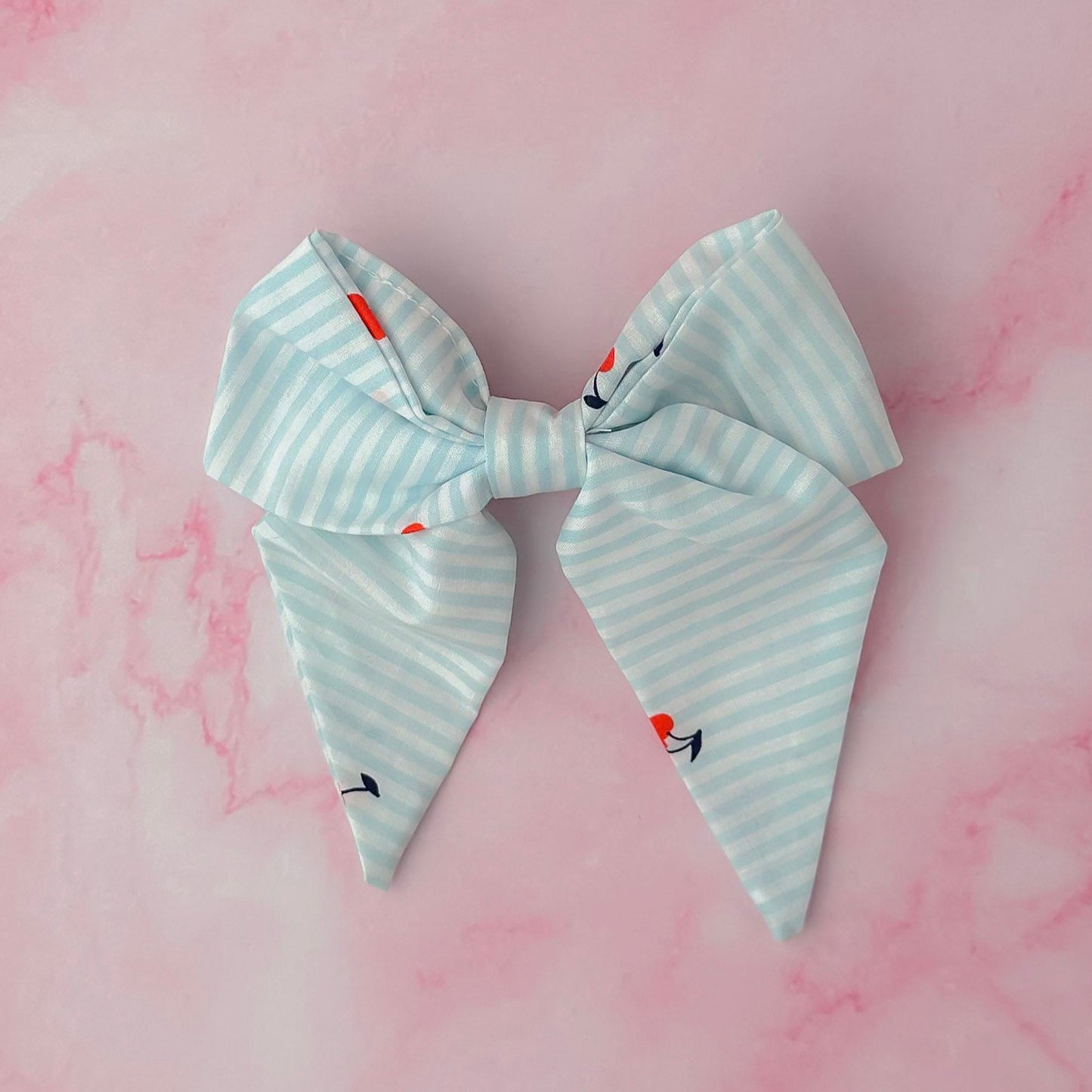 Cherrie - blue and white cherry print classic Hair Bow