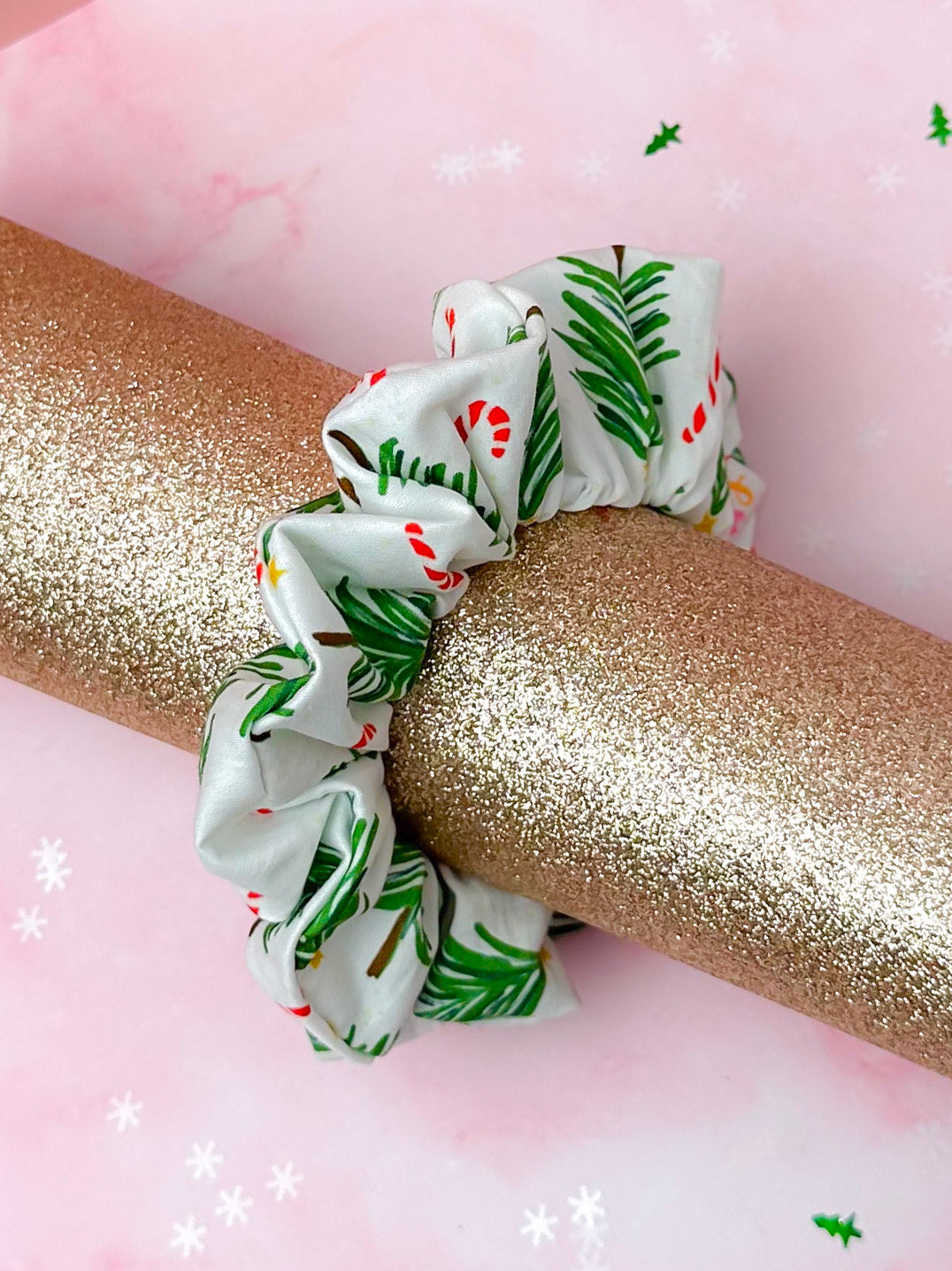 Classic Christmas- Cotton Christmas tree and candy cane themed Christmas classic scrunchie