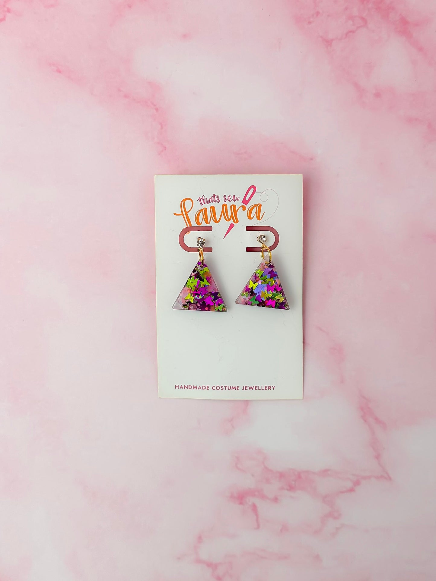 Secret Garden - Pink butterfly glitter triangle drops Resin Earrings