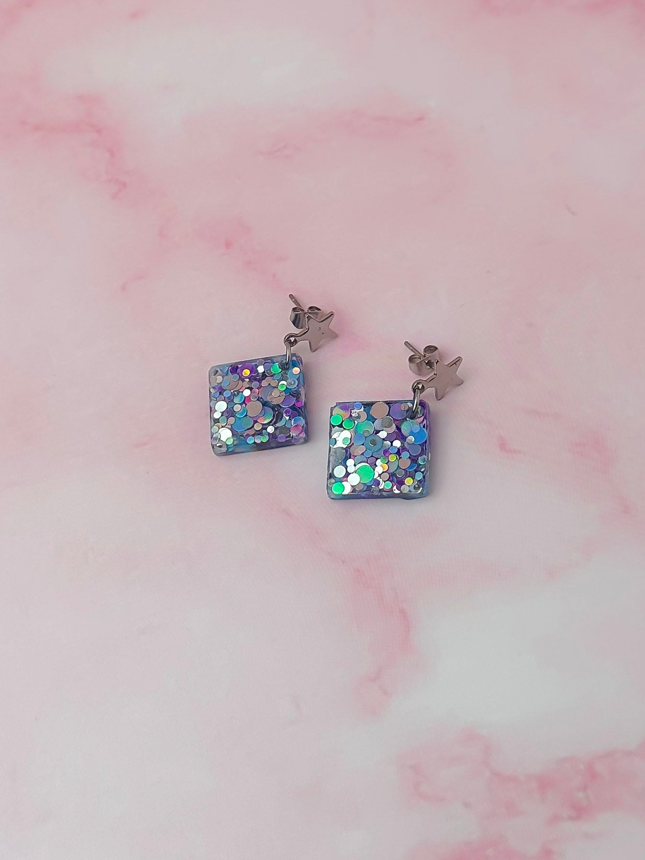 Cancer Diamonds - silver & blue glitter Resin Earrings