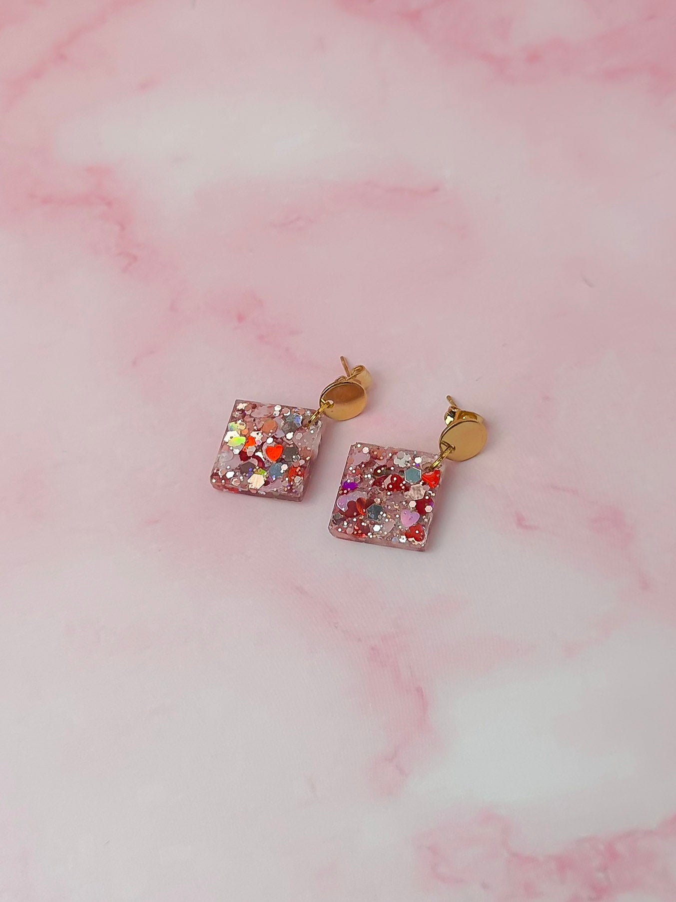 Love Diamonds - pink heart glitter Resin Earrings