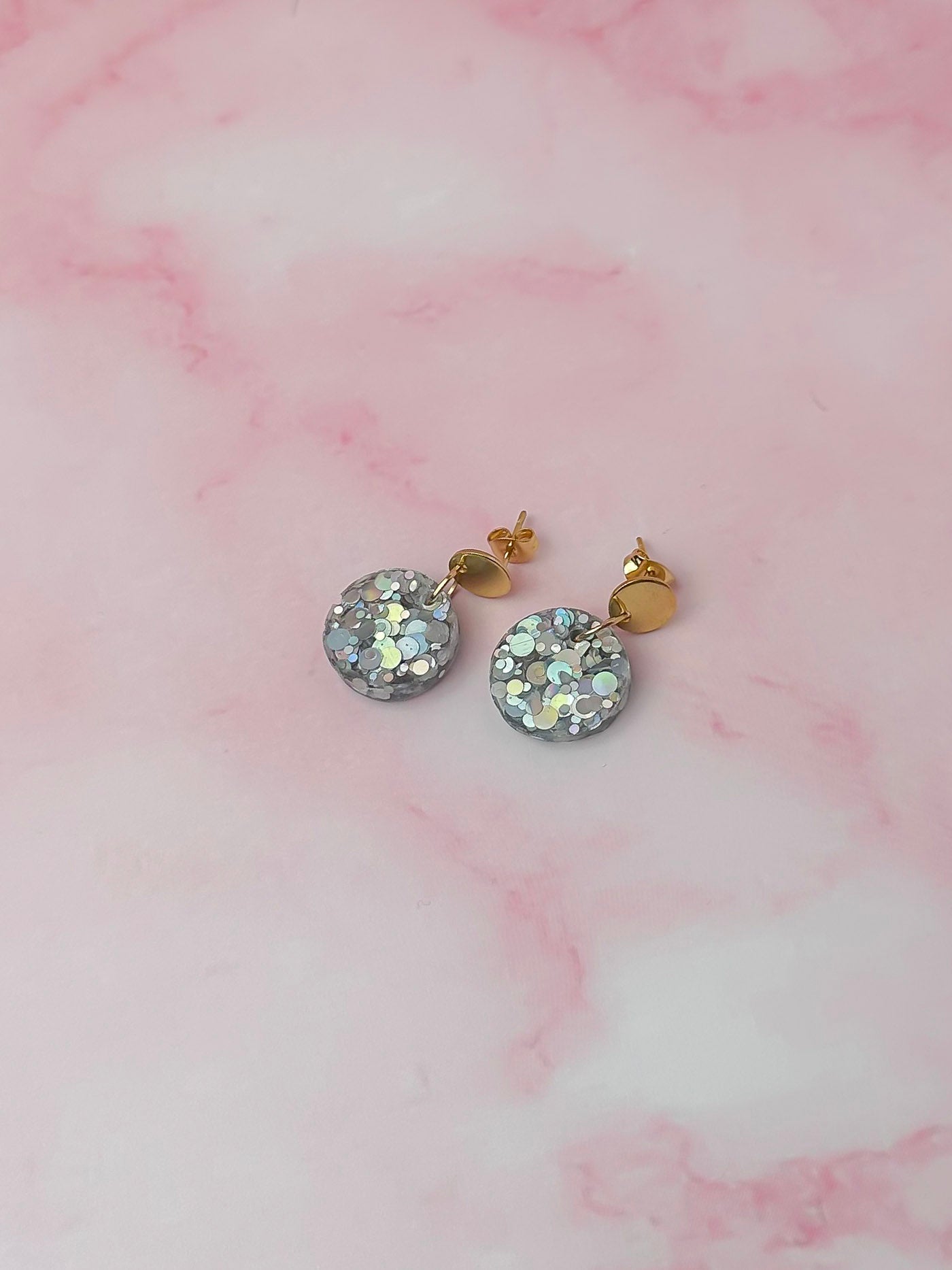 Aquarius circle drops - silver holographic glitter Resin Earrings