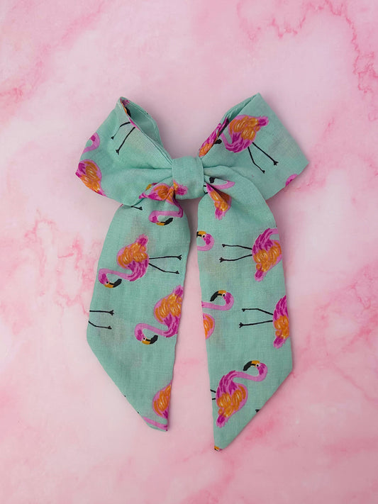 Flamingo Fancy - Pink and blue flamingo print long Hair Bow
