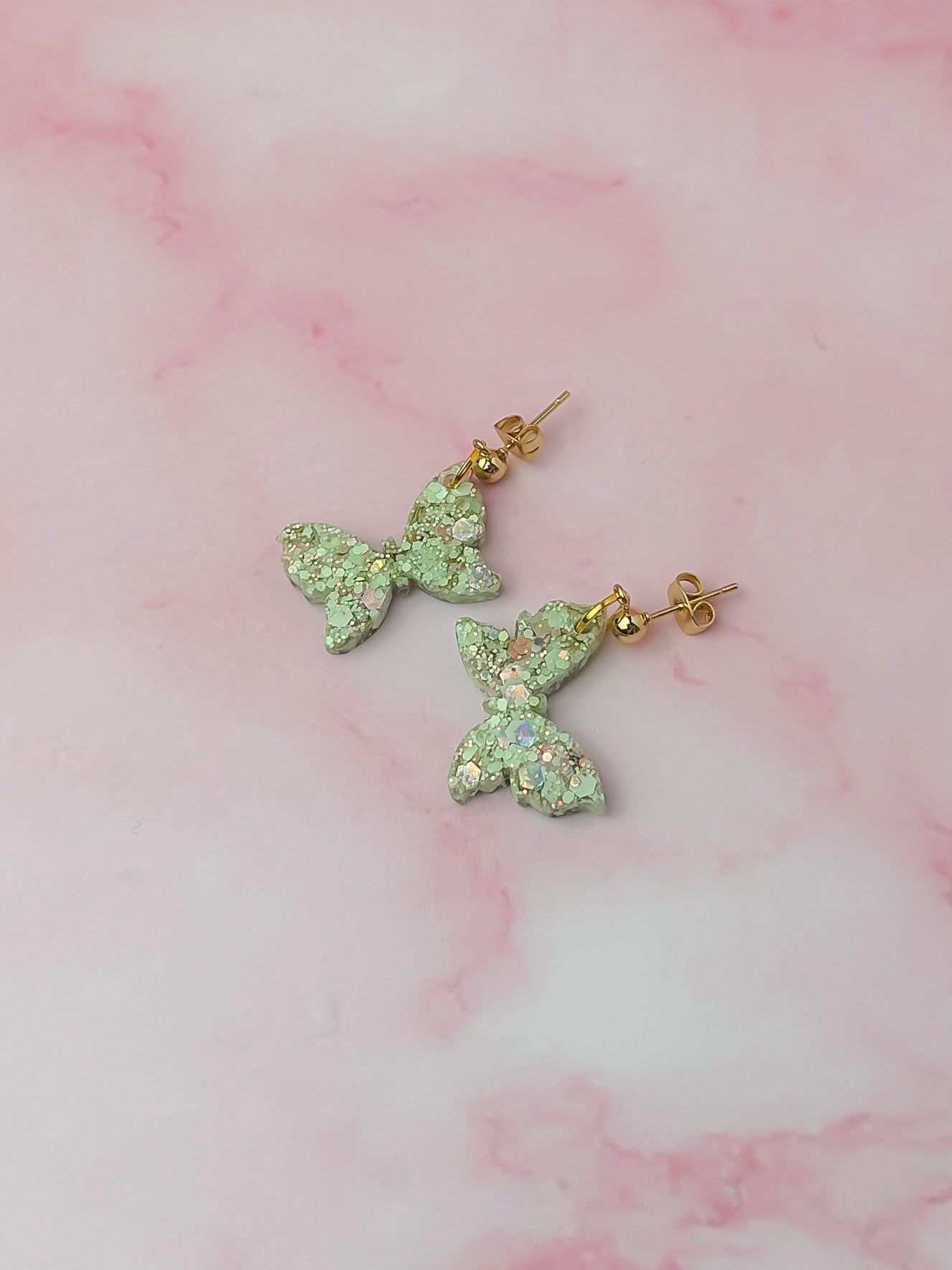 Meadow Butterflies - pastel green and gold glitter Resin Earrings