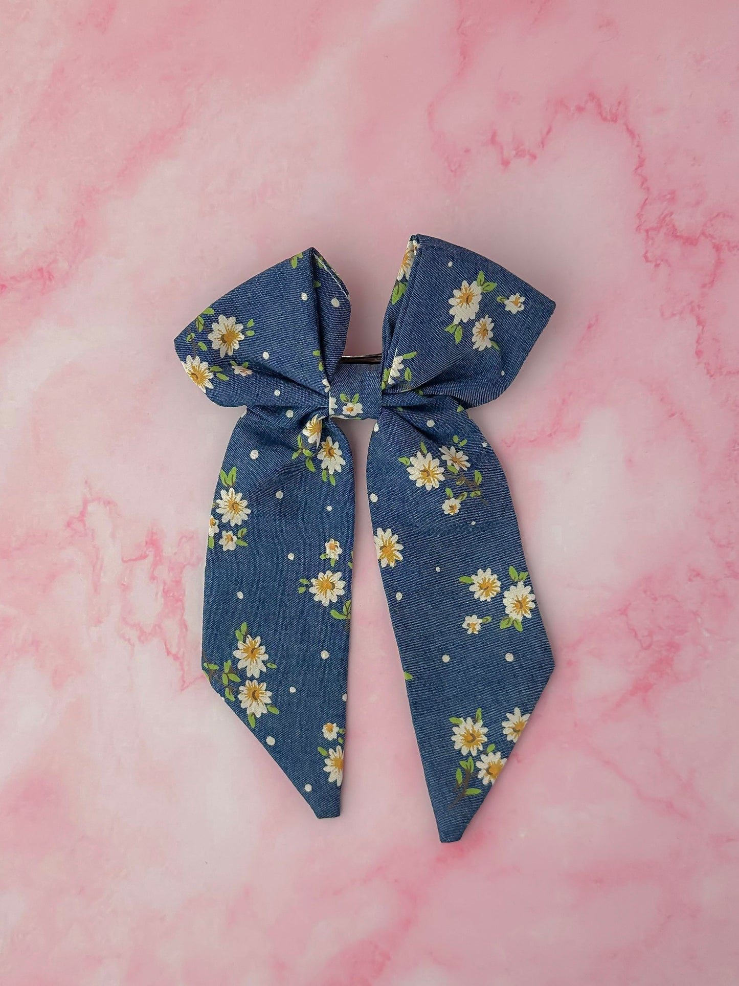 Jean - Daisy denim long Hair Bow