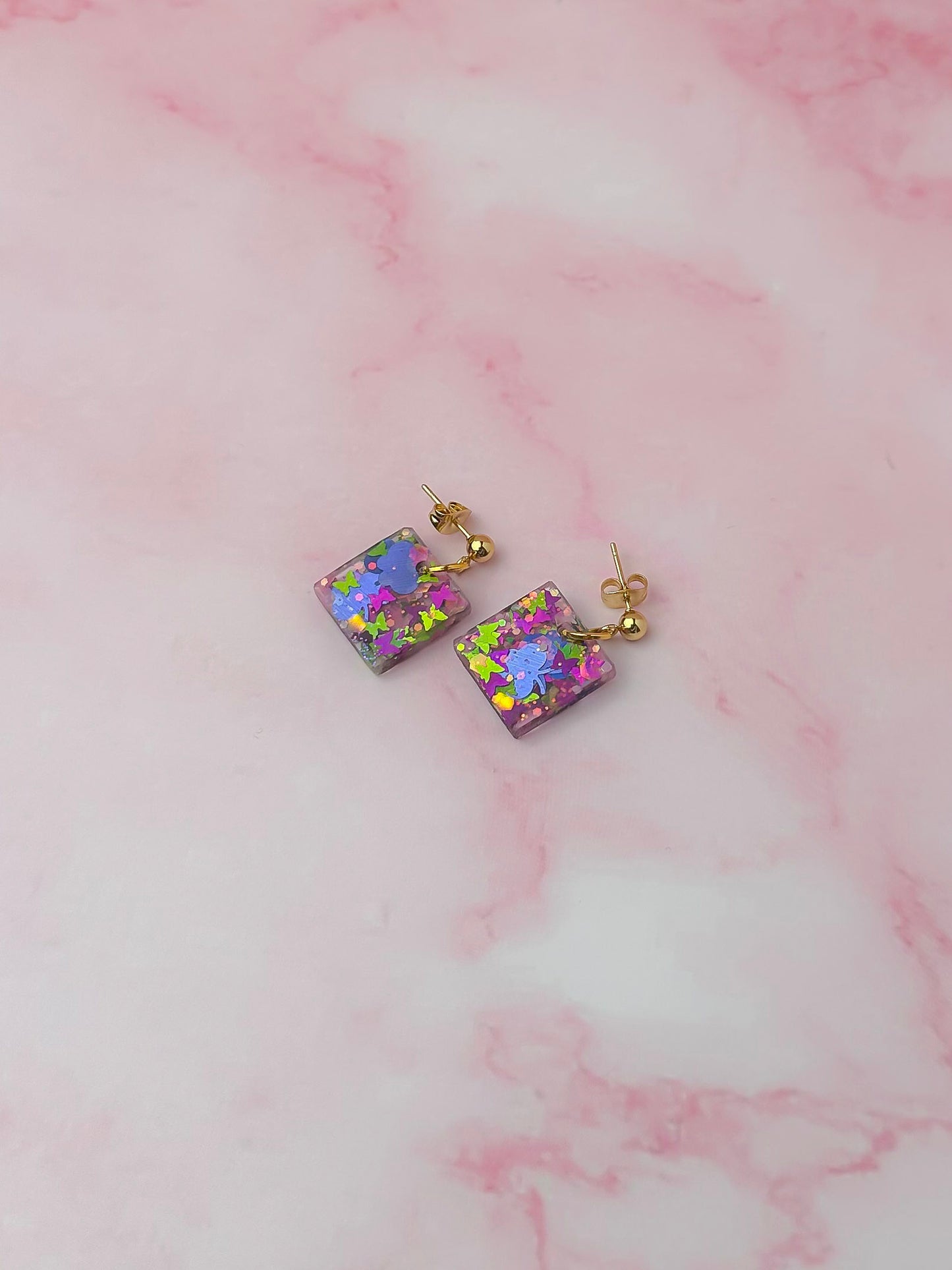 Secret Garden squares - Pink butterfly glitter Resin Earrings