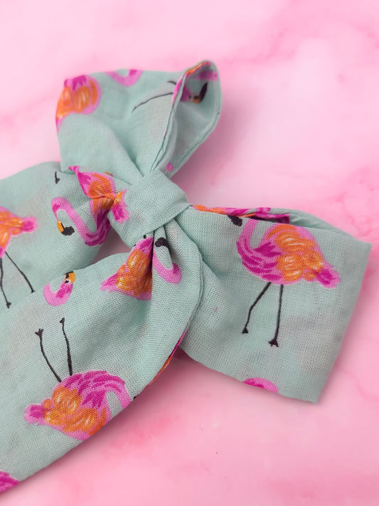 Flamingo Fancy - Pink and blue flamingo print long Hair Bow