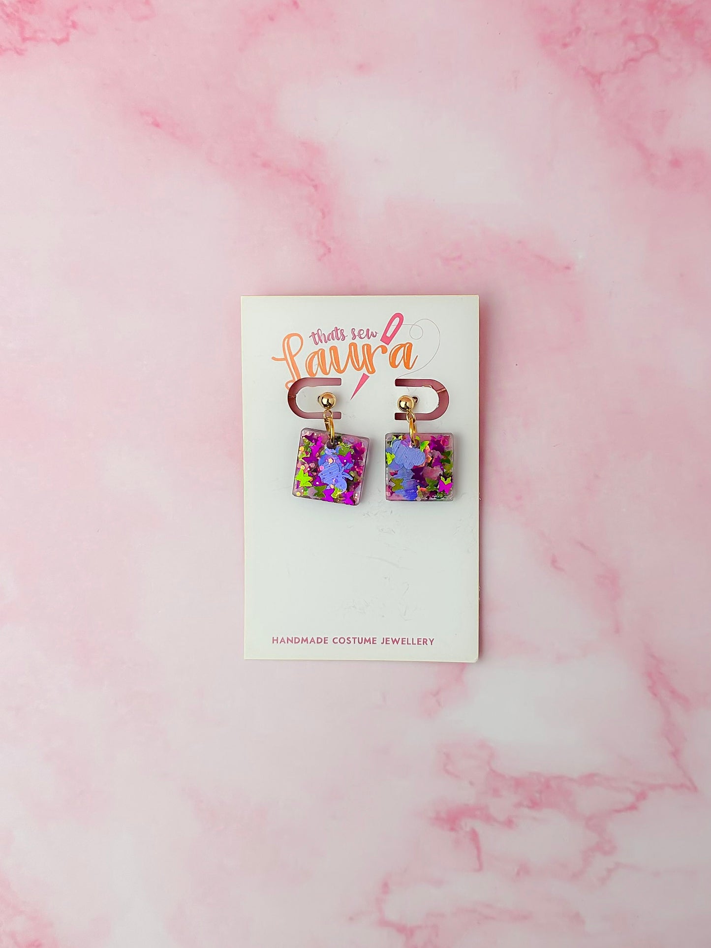Secret Garden squares - Pink butterfly glitter Resin Earrings