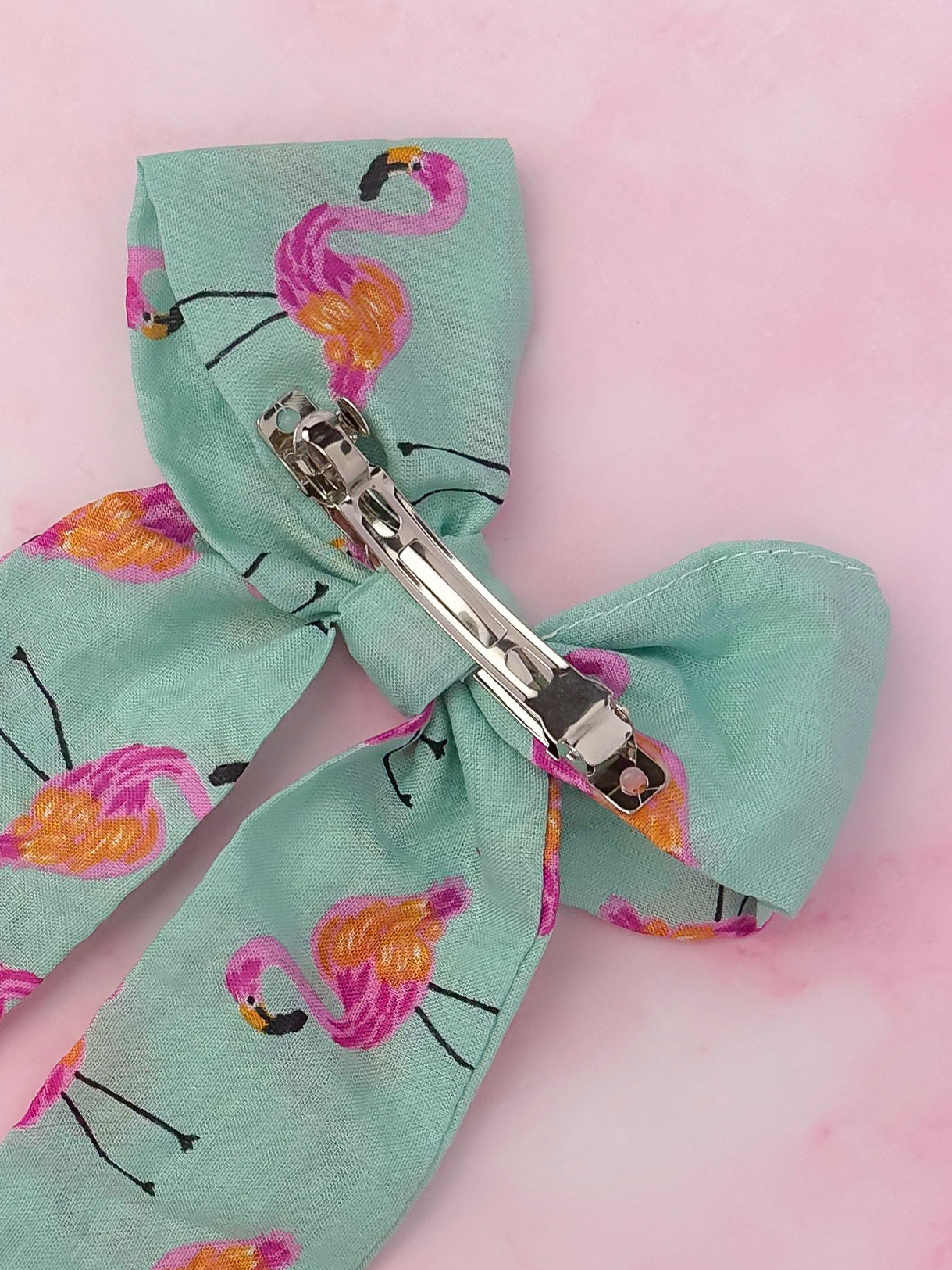 Flamingo Fancy - Pink and blue flamingo print long Hair Bow
