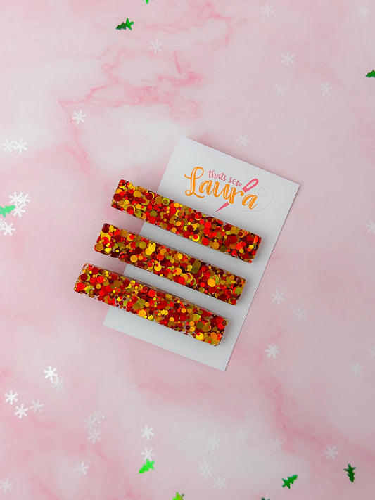 Cosy Christmas - Gold & Red Trio Glitter Resin Hair Clips