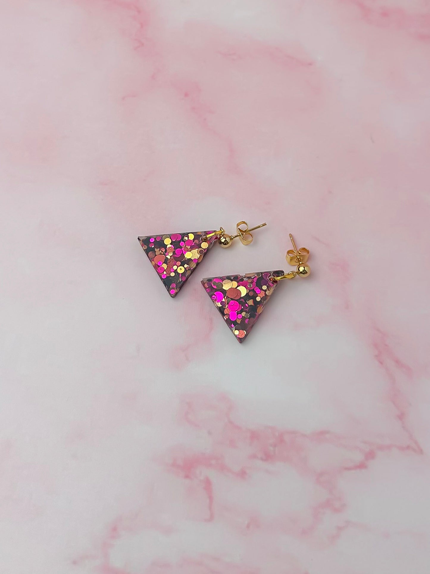 Scorpio triangles - pink & gold glitter Resin Earrings