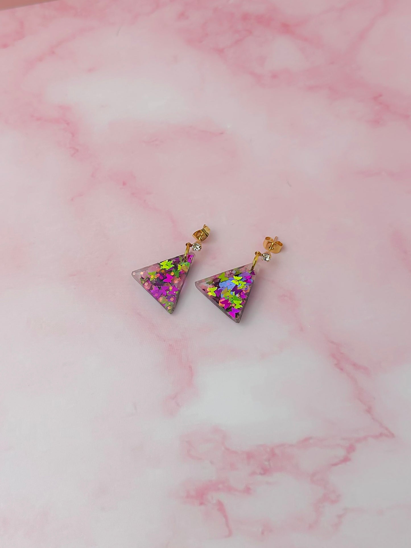 Secret Garden - Pink butterfly glitter triangle drops Resin Earrings