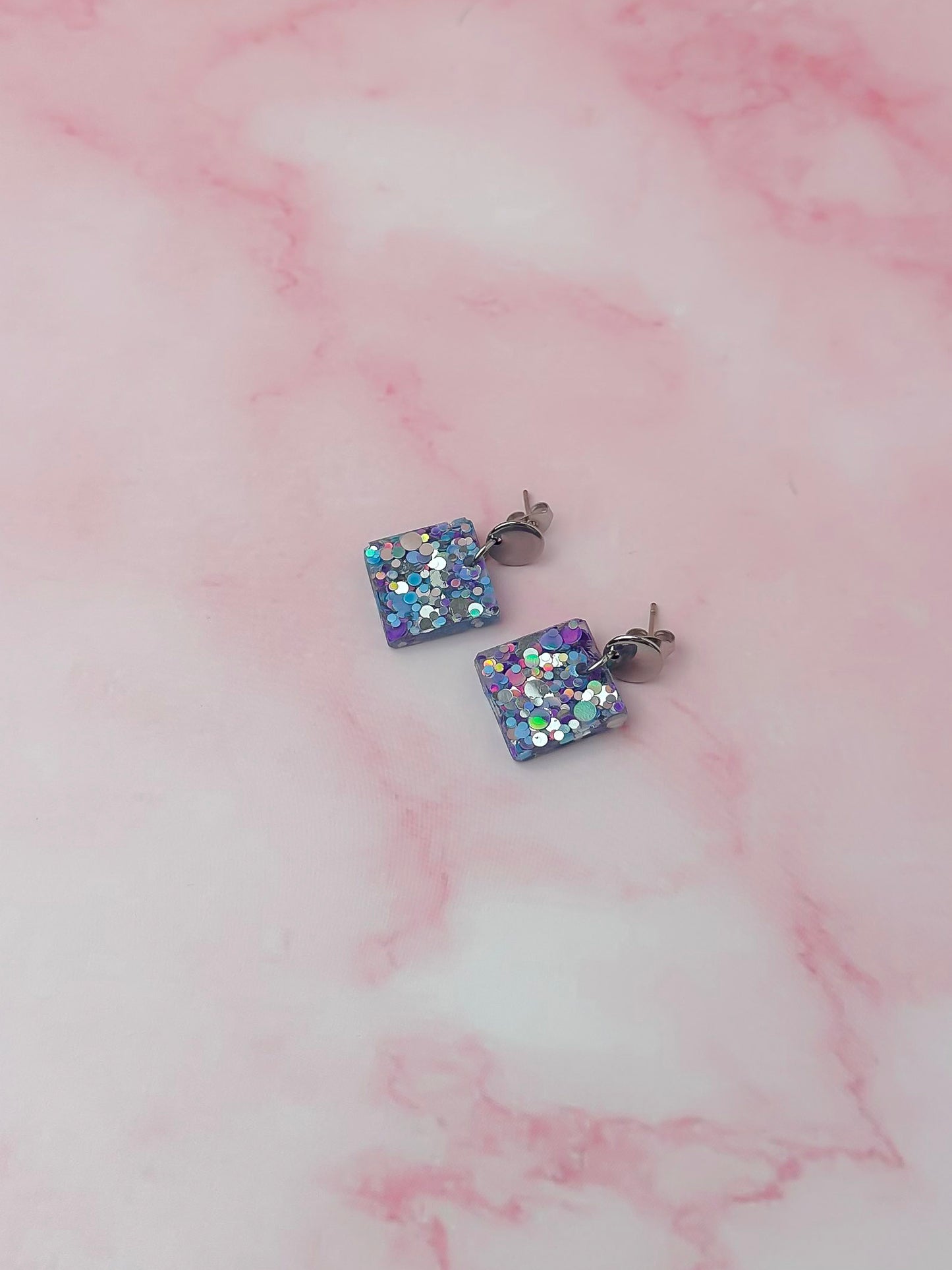 Cancer Silver Squares - Silver, blue & purple glitter Resin Earrings