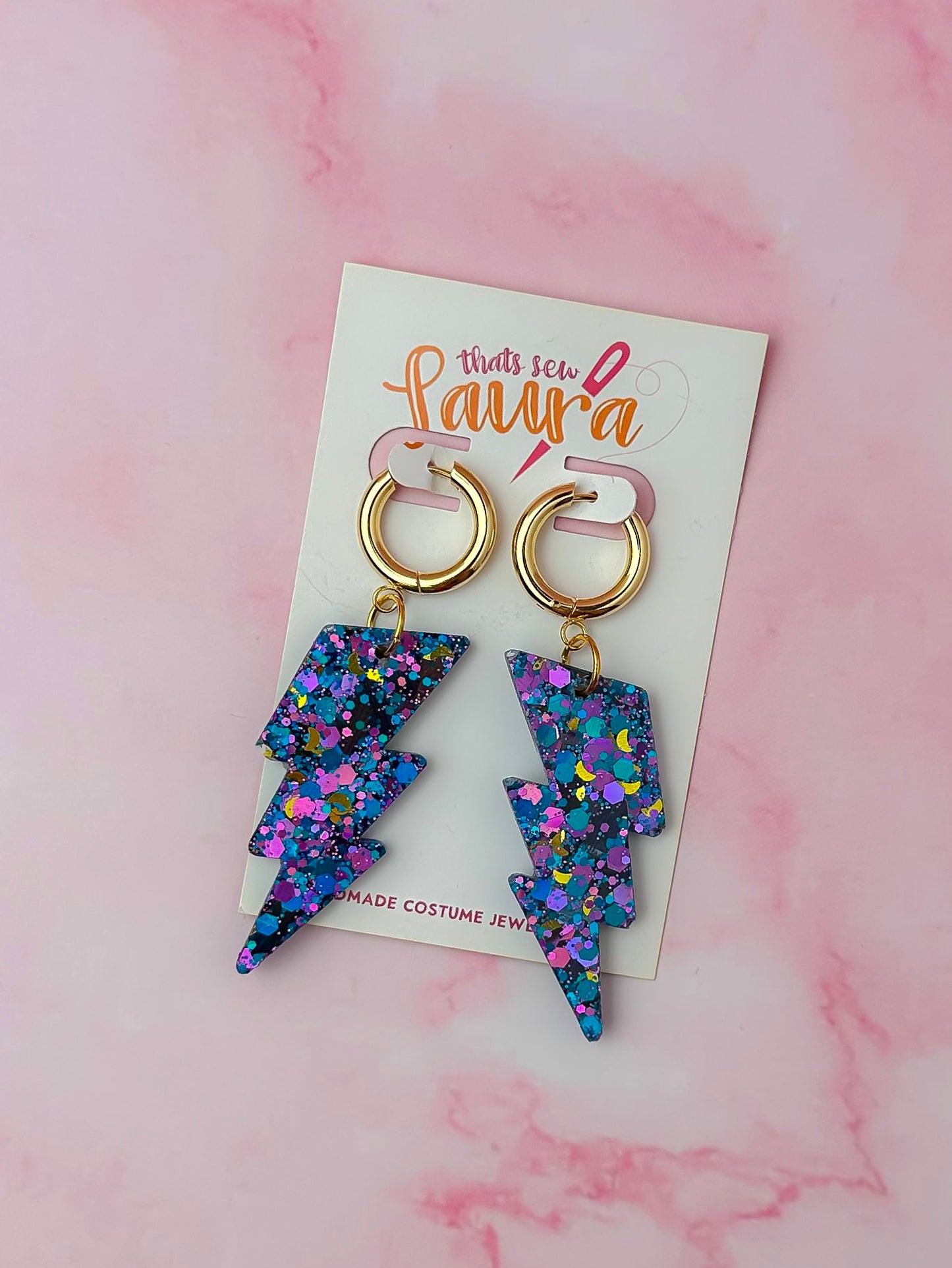 Mystical moon lighting bolts - purple, blue & gold Resin Earrings