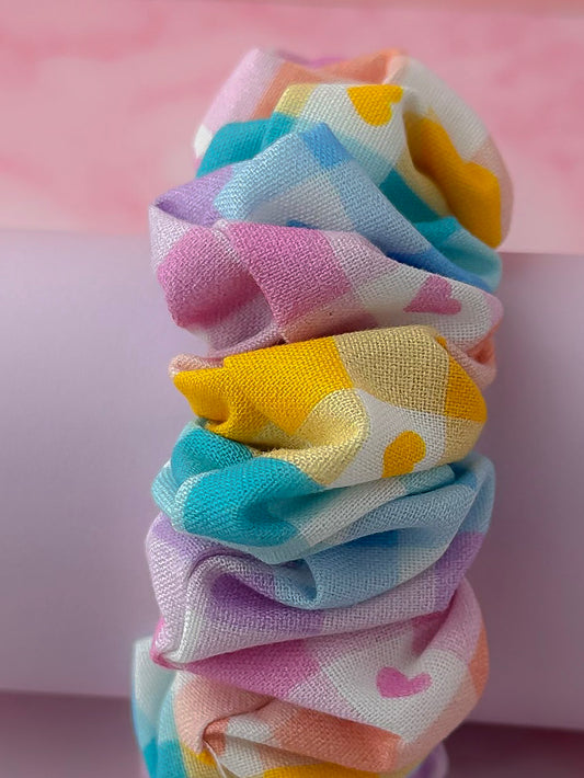 Elsie - Pastel coloured checkered heart gingham wide scrunchie