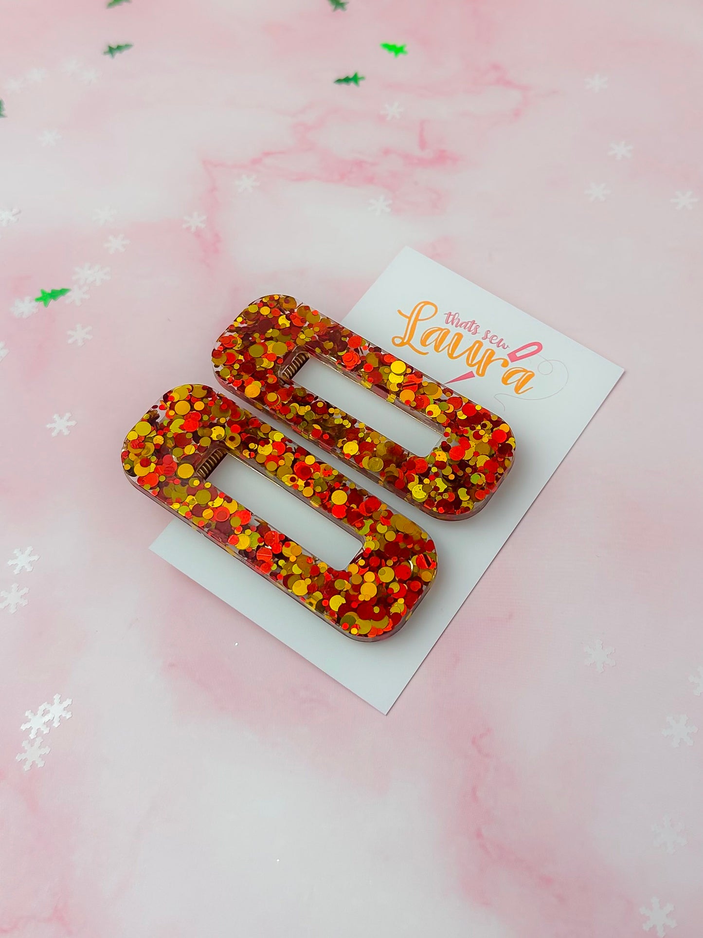 Cosy Christmas - Gold & Red Oblong Glitter Resin Hair Clips