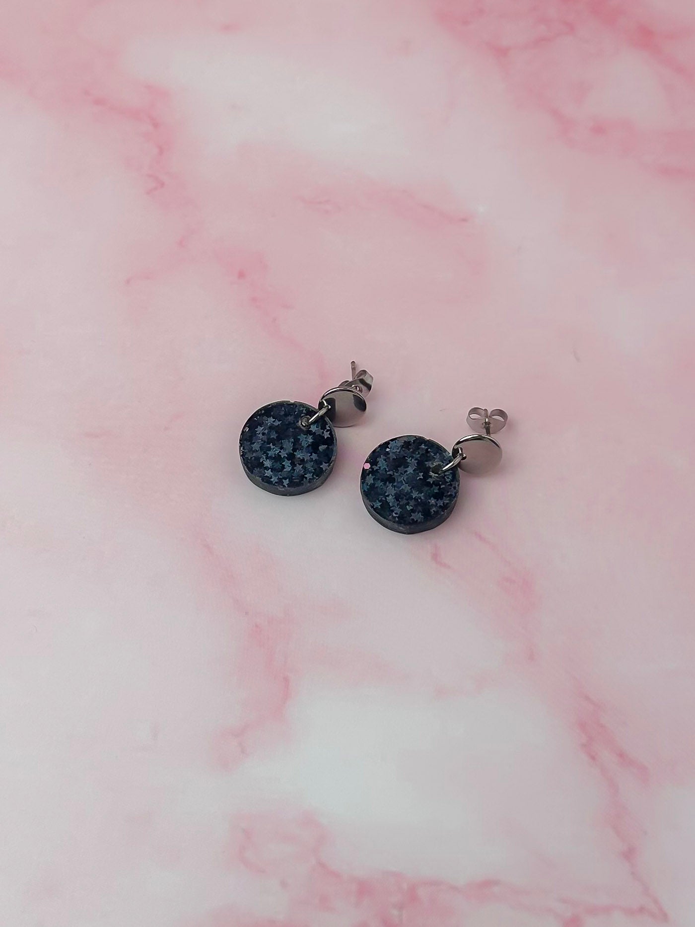 Midnight silver circles - black star glitter Resin Earrings