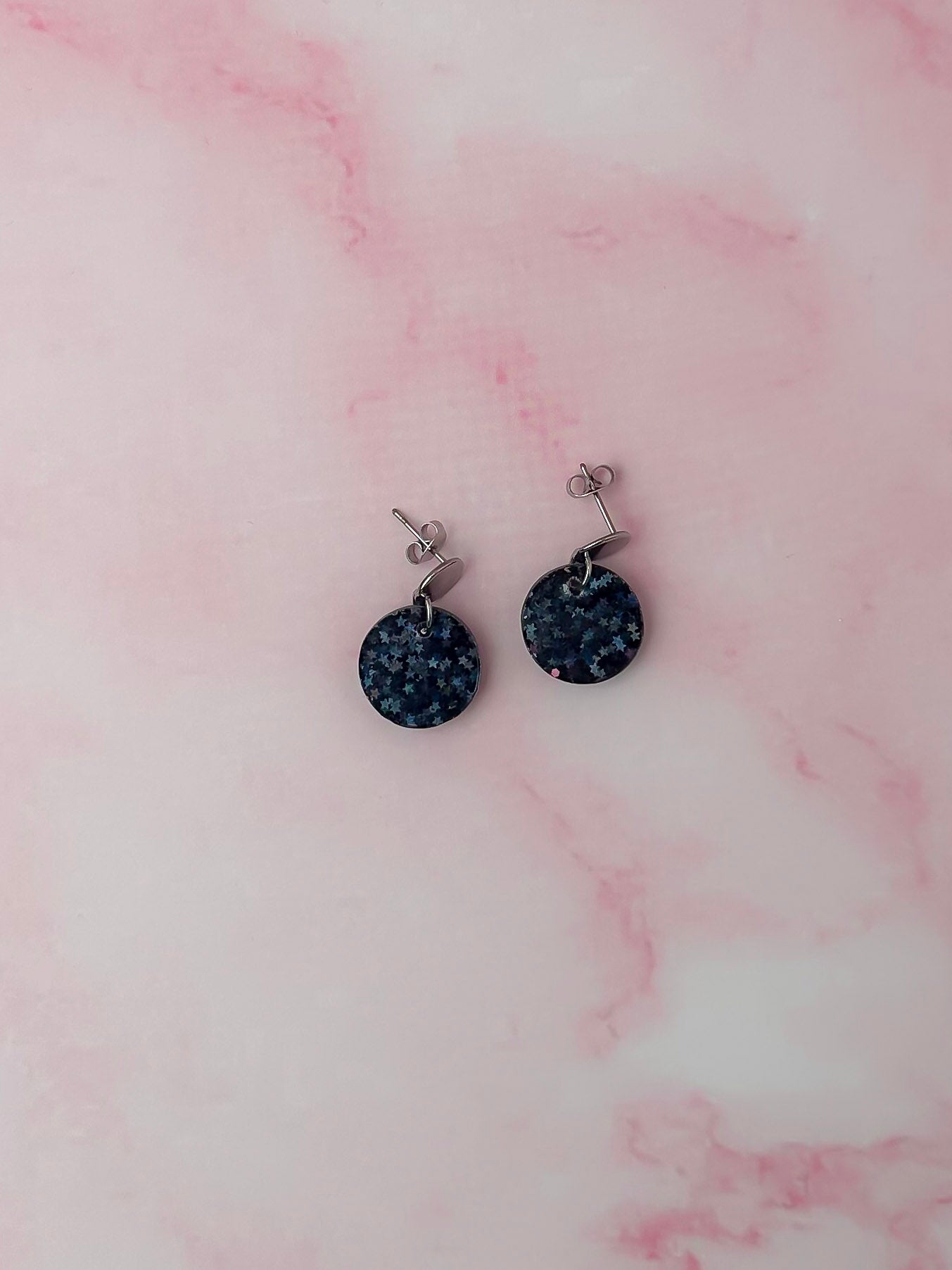 Midnight silver circles - black star glitter Resin Earrings