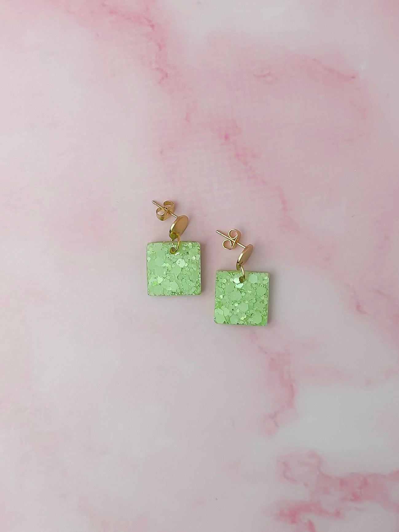 Lime Squares - Pastel lime glitter disc drops Resin Earrings