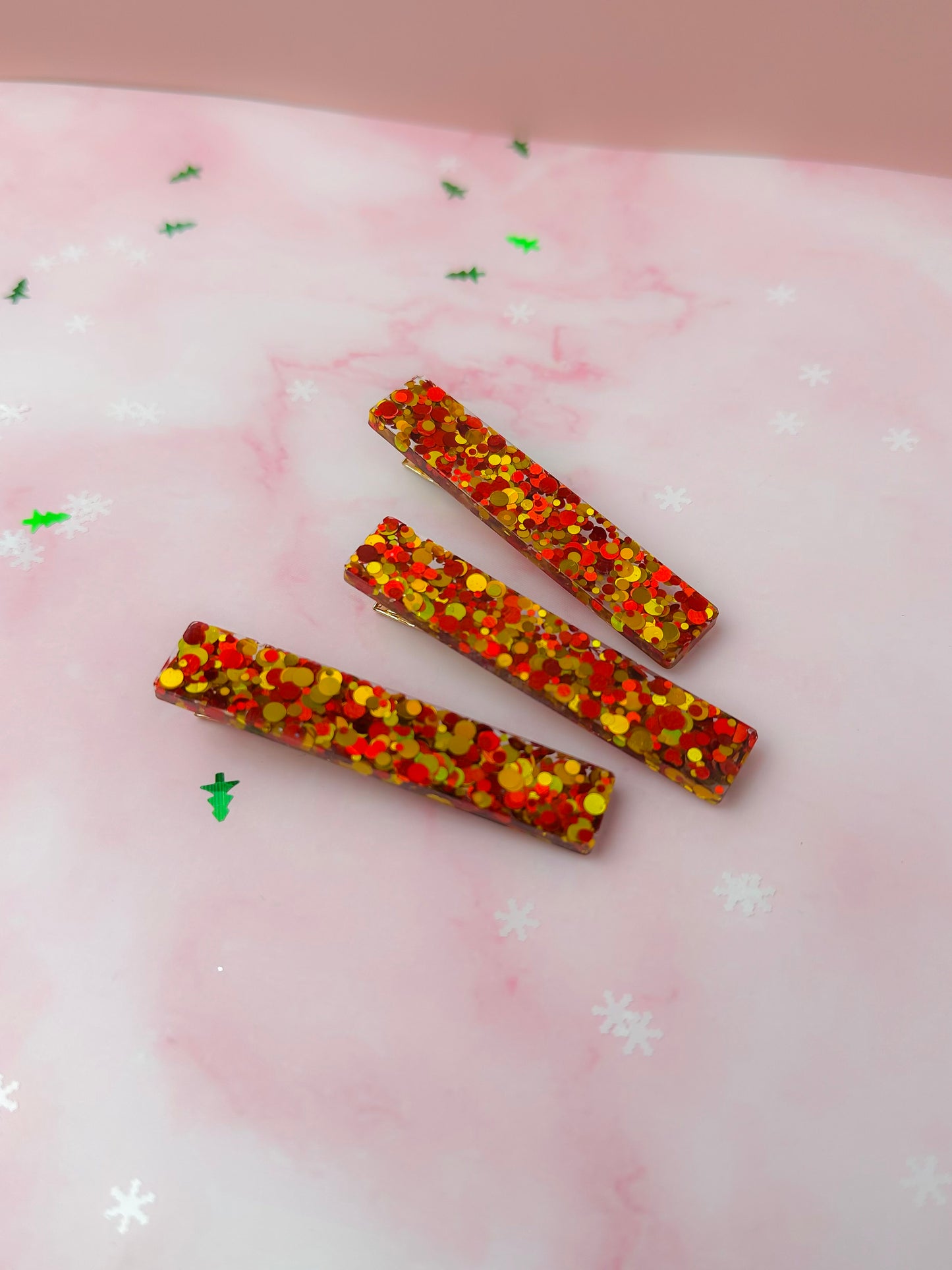 Cosy Christmas - Gold & Red Trio Glitter Resin Hair Clips