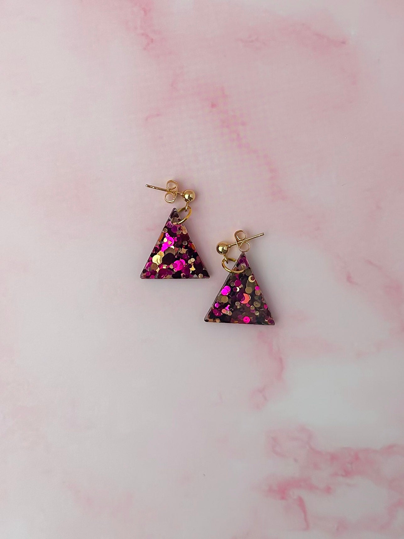 Scorpio triangles - pink & gold glitter Resin Earrings