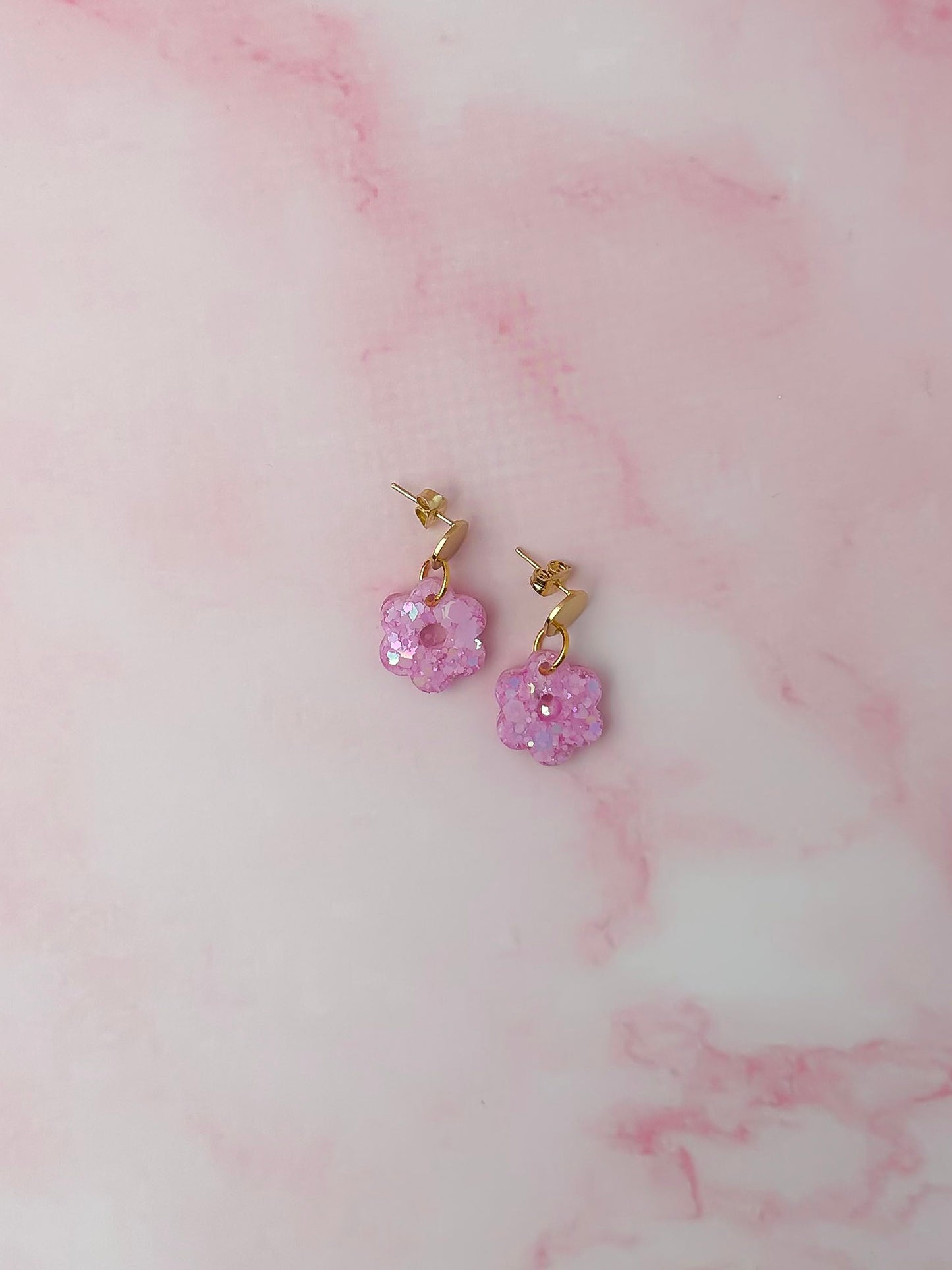 Pink flowers - Pastel pink glitter disc drops Resin Earrings