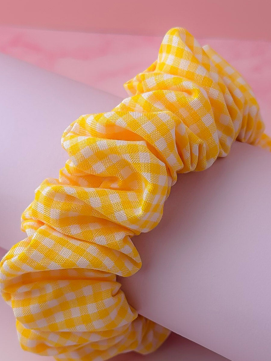Back to School - Yellow Gingham print wide scrunchie