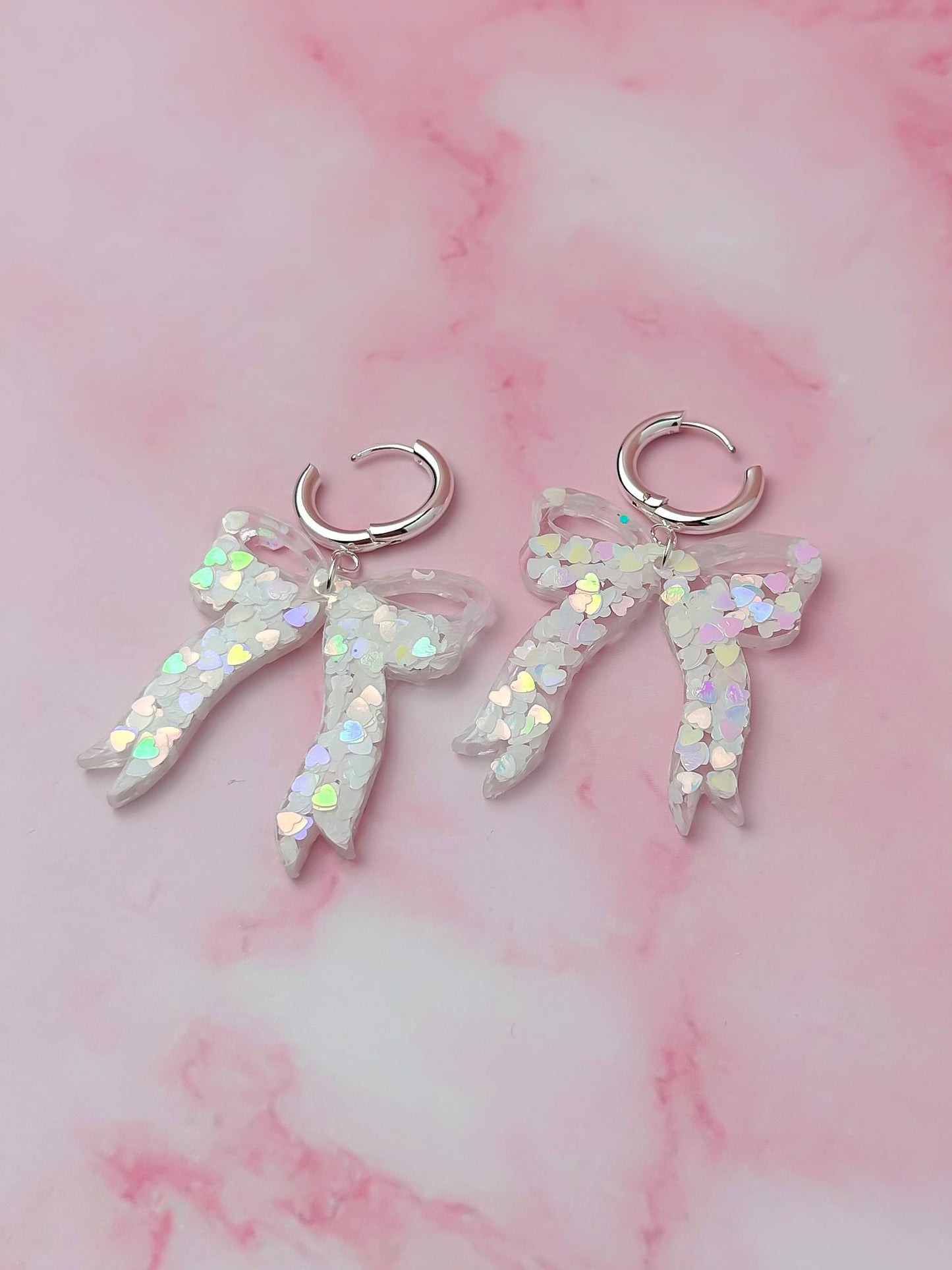 Marry Me Bows - White iridescent heart glitter Resin Earrings