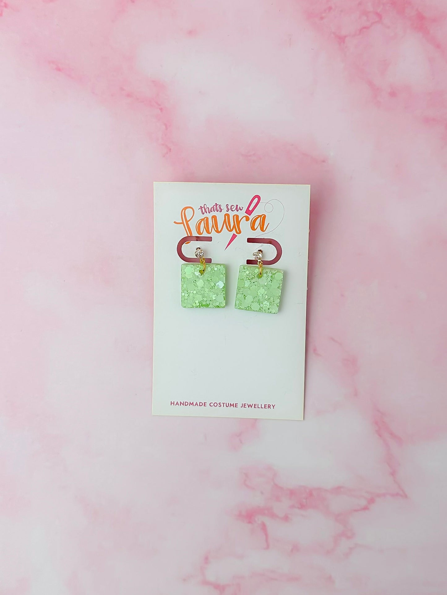 Lime Squares - Pastel lime glitter Resin Earrings