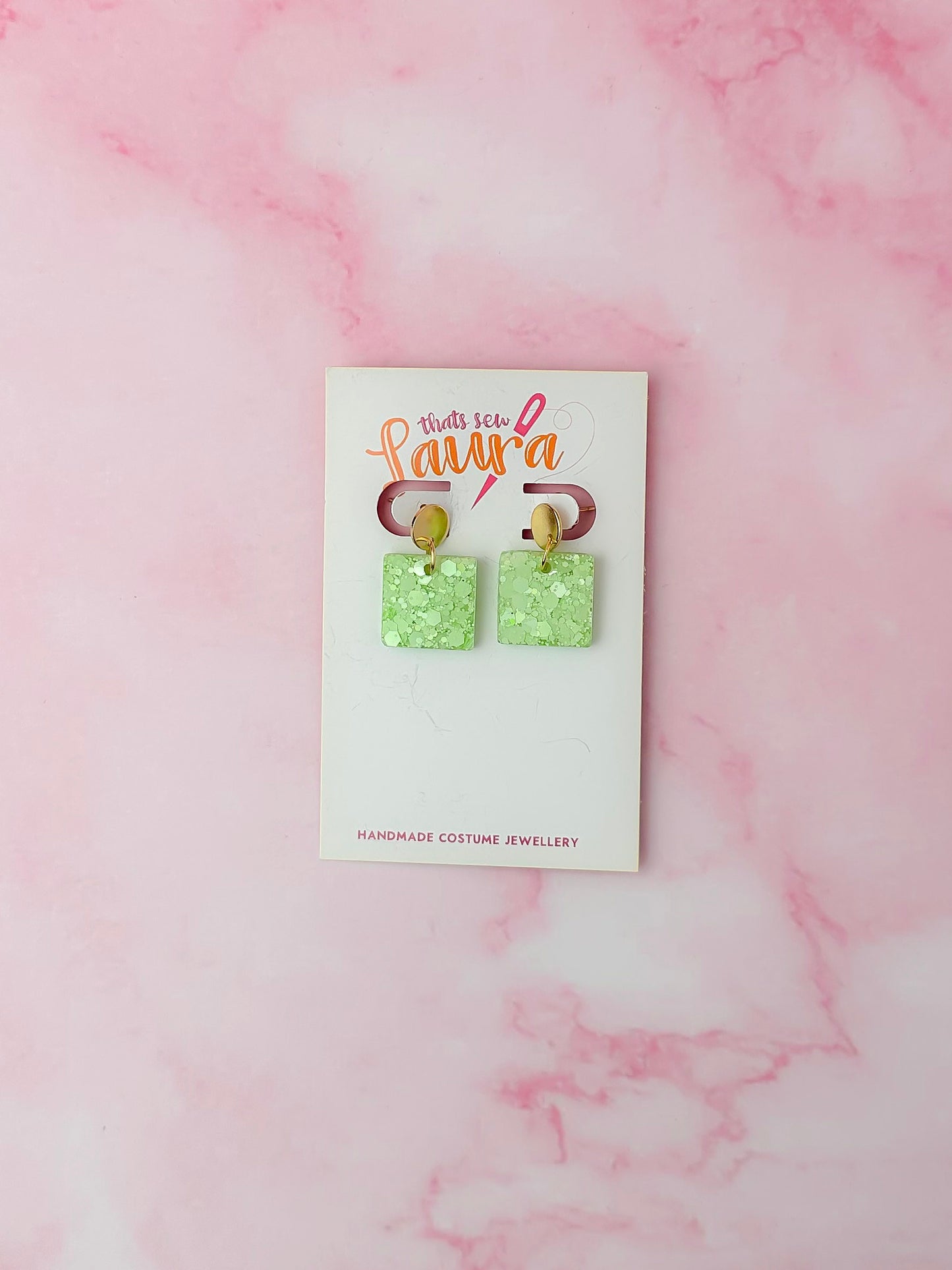 Lime Squares - Pastel lime glitter disc drops Resin Earrings