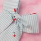 Cherrie - blue and white striped cherry print long Hair Bow