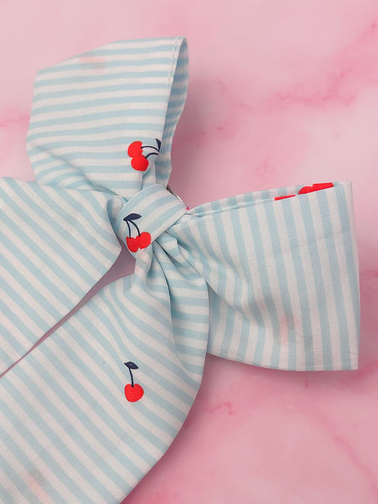 Cherrie - blue and white striped cherry print long Hair Bow