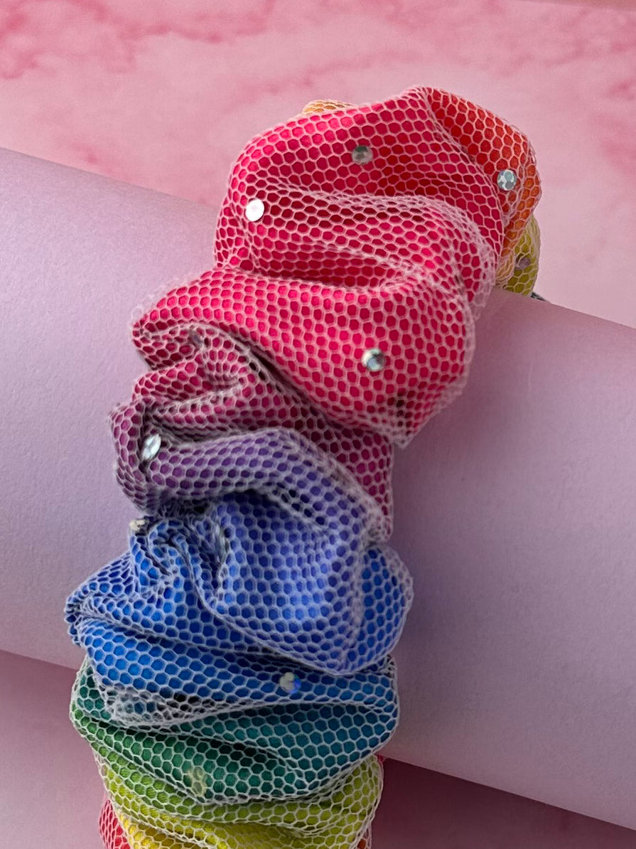 Rainbow Sparkle - Multicolour satin & mesh wide scrunchie