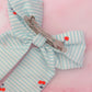 Cherrie - blue and white striped cherry print long Hair Bow
