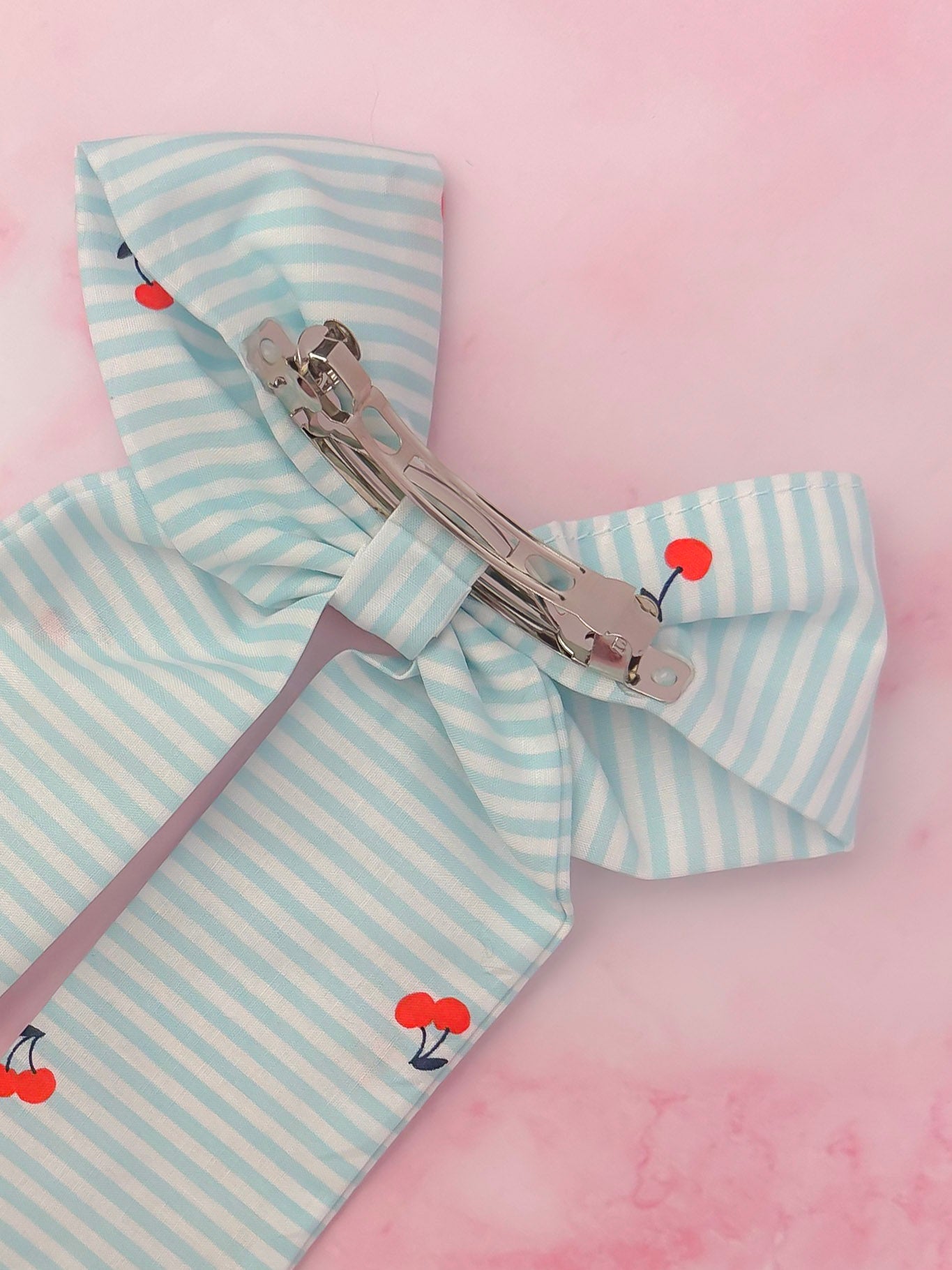 Cherrie - blue and white striped cherry print long Hair Bow