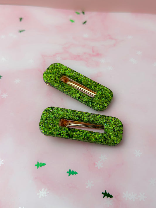 Christmas Tree - Green Oblong Glitter Resin Hair Clips