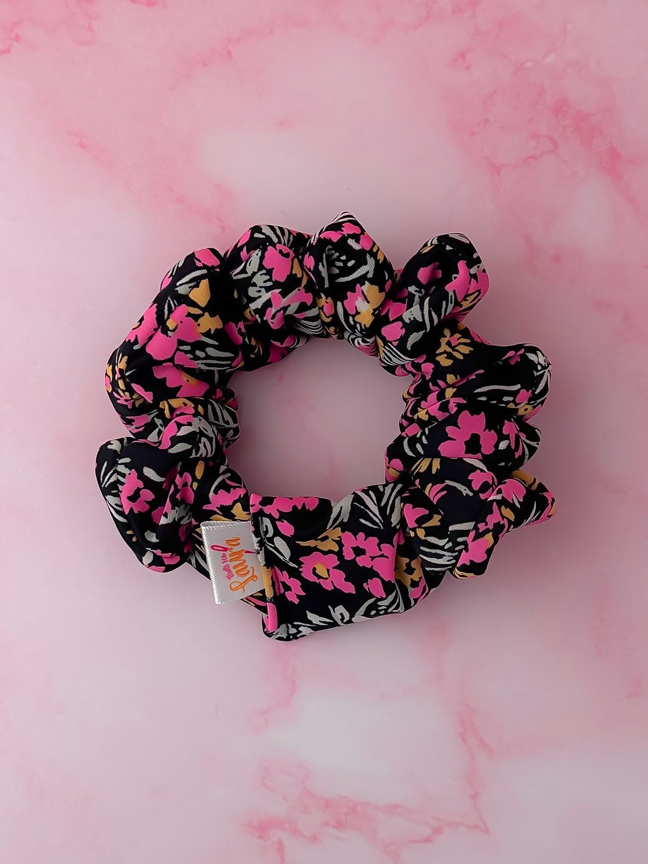 Flora - Black & Pink floral gym & swim wide scrunchie