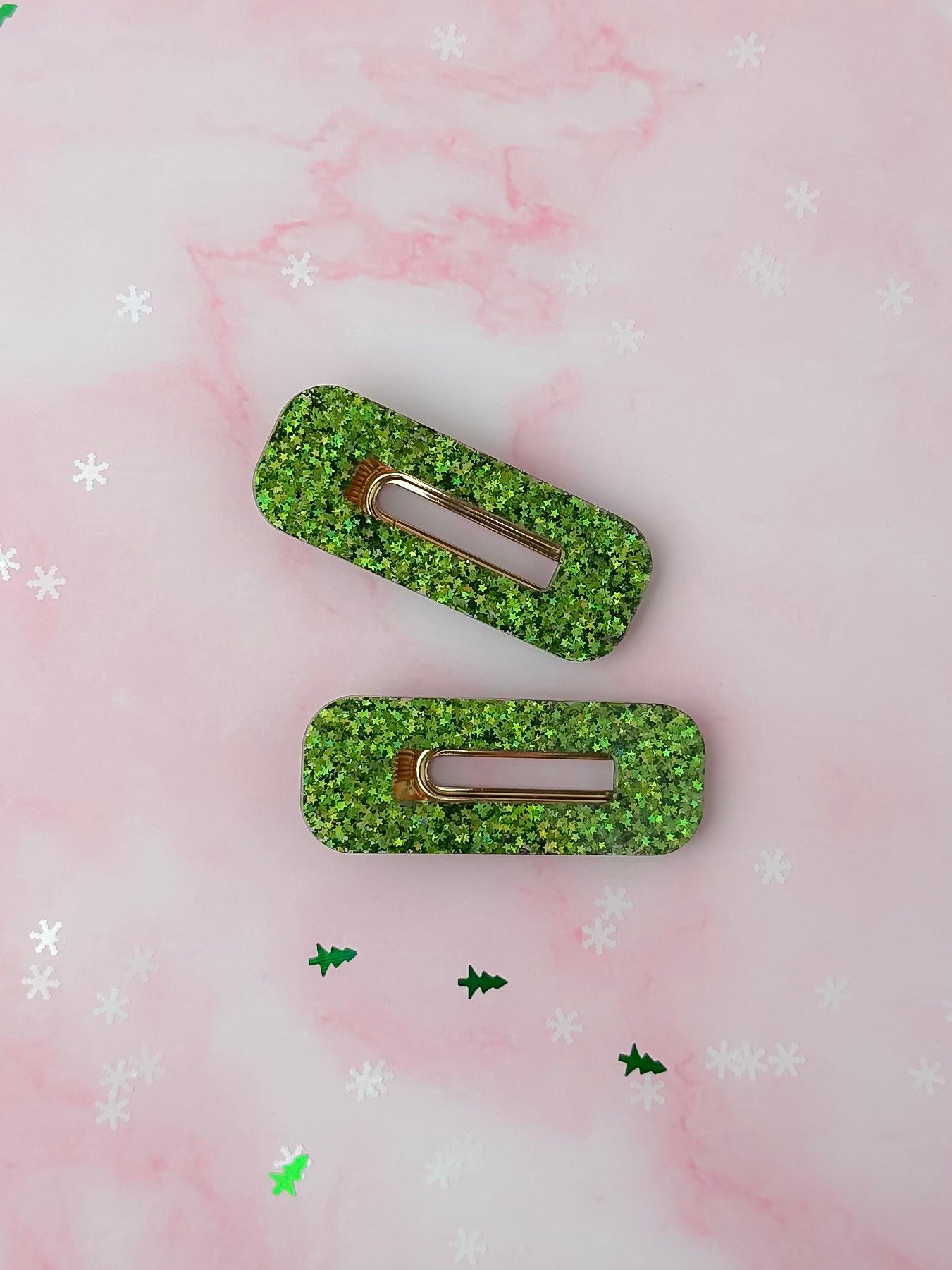 Christmas Tree - Green Oblong Glitter Resin Hair Clips