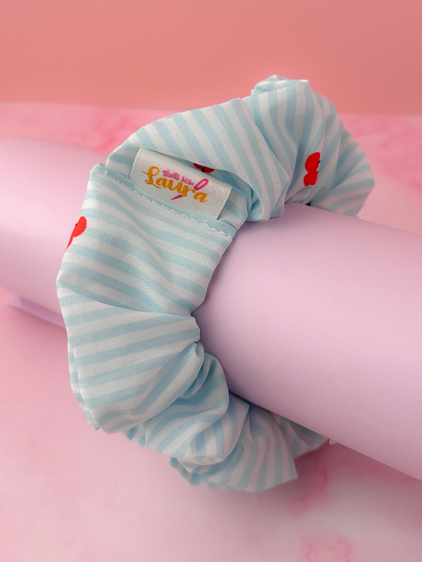 Cherrie - Blue & White striped cherry print classic scrunchie