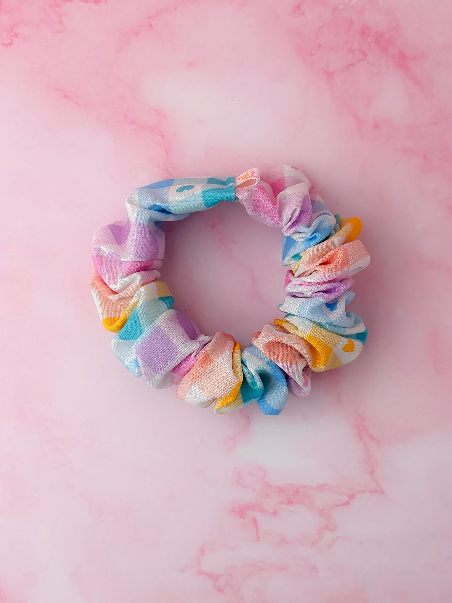 Elsie - Pastel coloured checkered heart gingham wide scrunchie