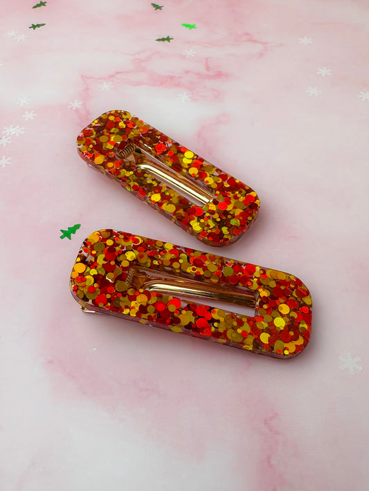 Cosy Christmas - Gold & Red Oblong Glitter Resin Hair Clips
