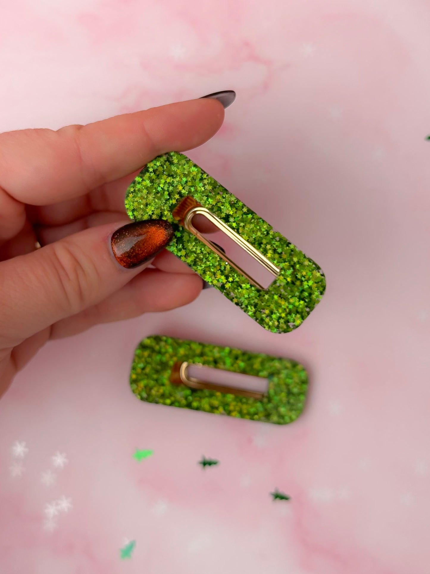 Christmas Tree - Green Oblong Glitter Resin Hair Clips
