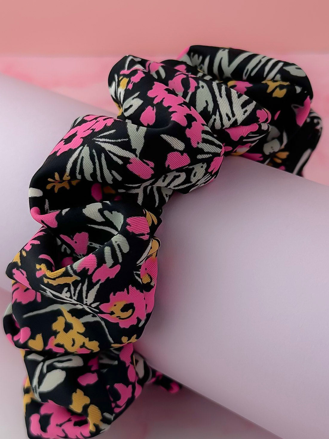 Flora - Black & Pink floral gym & swim wide scrunchie