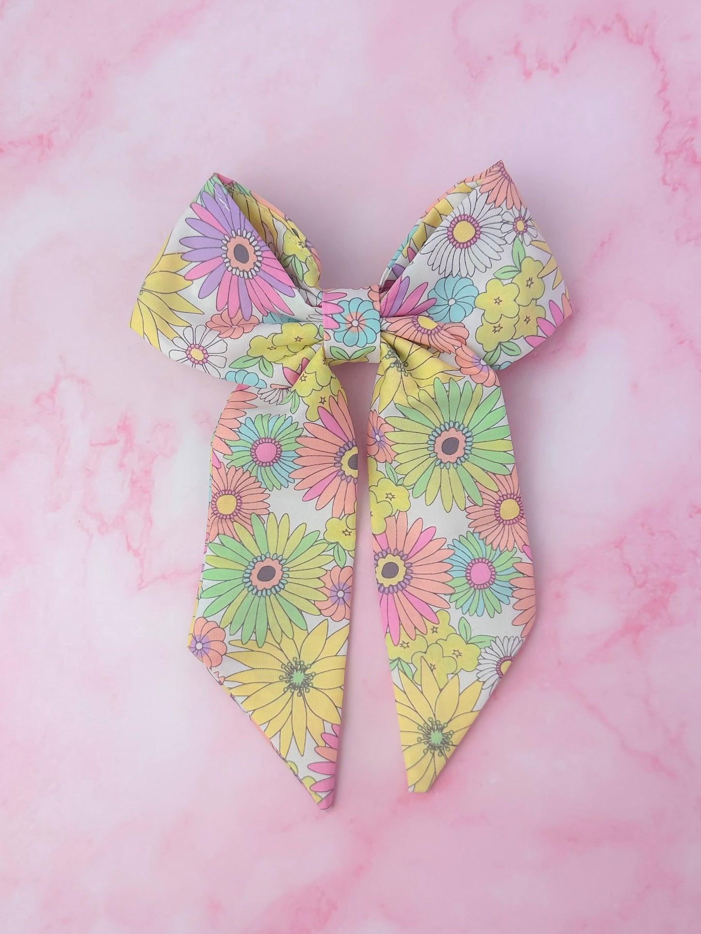 Flower Power - Pink and colourful flower print long Hair Bow