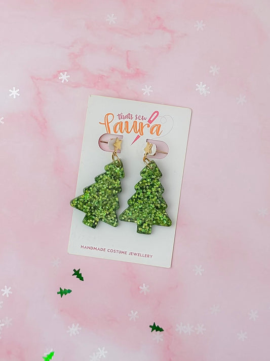 Starry Christmas Tree - Green star glitter Resin Earrings
