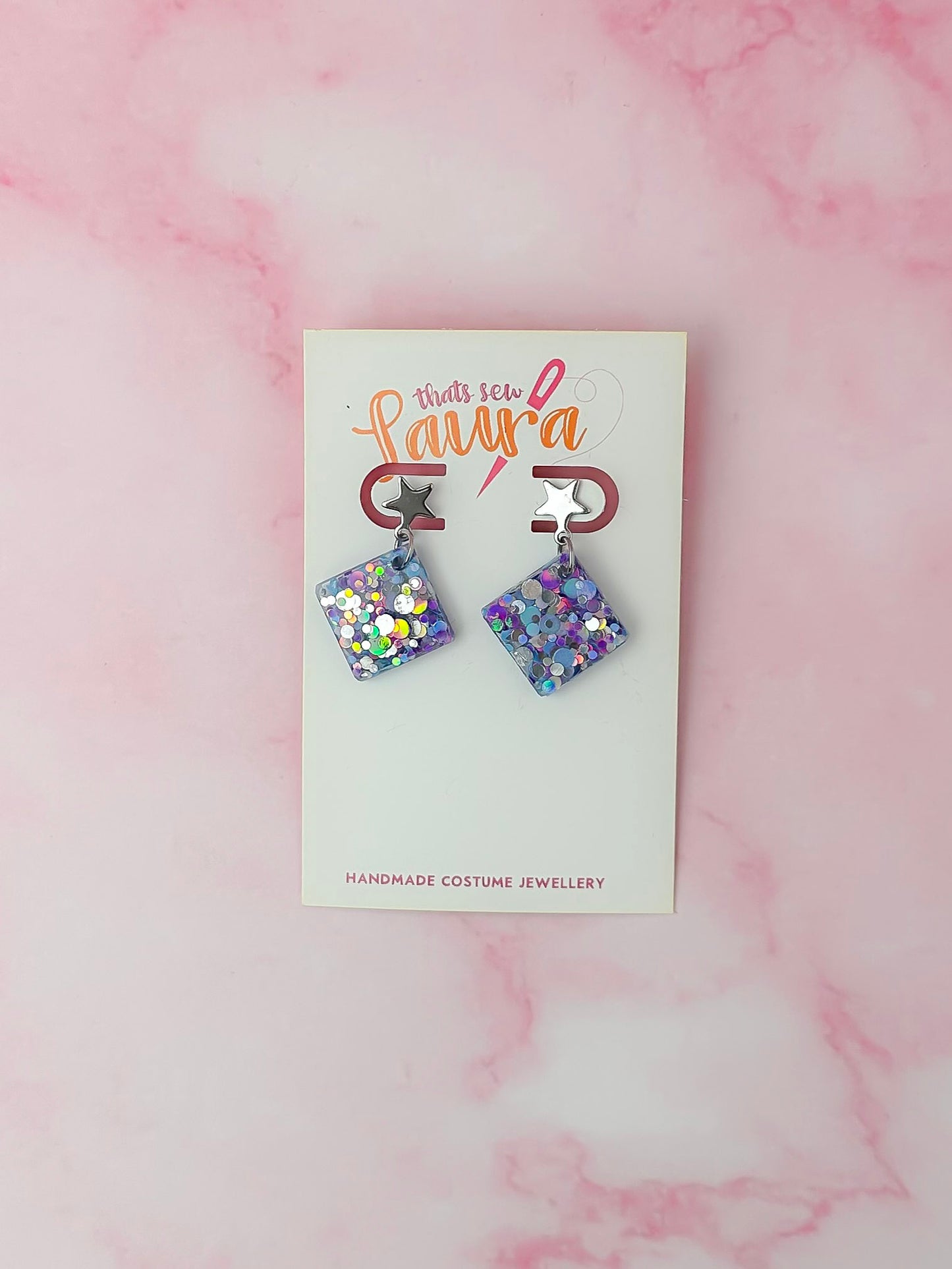 Cancer Diamonds - silver & blue glitter Resin Earrings